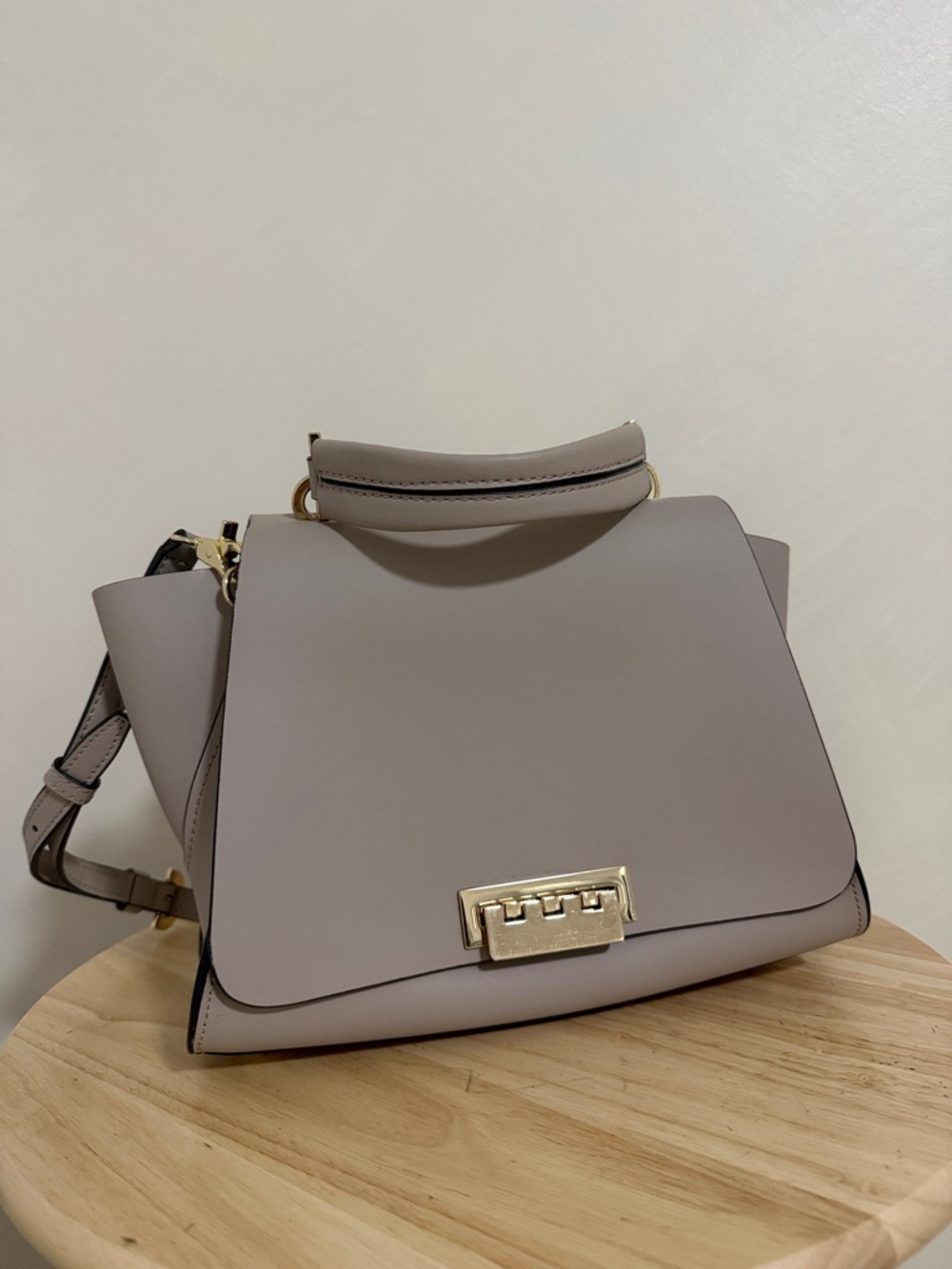 ZAC Zac Posen Taupe Structured Top-Handle Satchel with Gold Hardware
